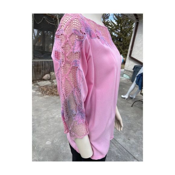 SOLD Vintage | 80s Dolman Sleeve Top Pink Purple Floral Lace 3/4 Sleeve L/XL - Picture 5 of 15